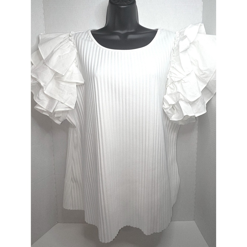 Marc New York White Pleated Ruffle Sleeve Top XL Andrew Marc Blouse Short Sleeve